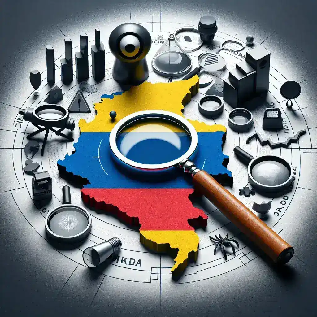 "Investigaciones en Colombia sobre casos de espionaje ilegal, mostrando agentes de seguridad en acción y documentos confidenciales en una mesa de trabajo."